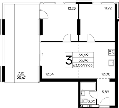 Планировка — Лучистое, 2-комн., 73 м²