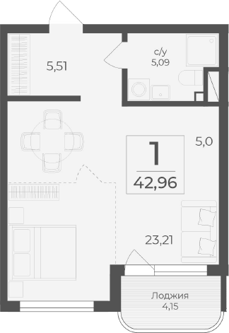 Планировка — Чайка, Студия, 39 м²