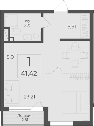 Планировка — Чайка, Студия, 39 м²