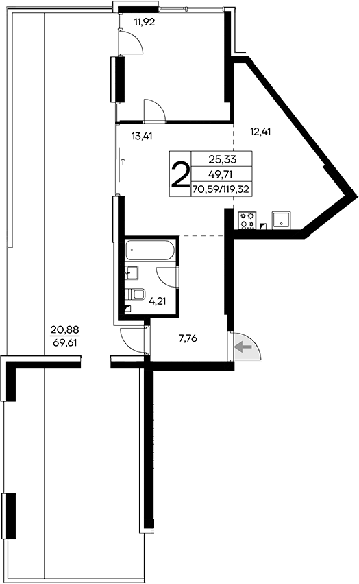 Планировка — Лучистое, 1-комн., 98 м²