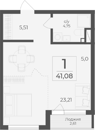 Планировка — Чайка, Студия, 38 м²