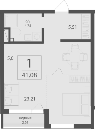 Планировка — Чайка, Студия, 38 м²