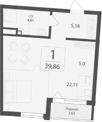 Планировка — Чайка, Студия, 37 м²