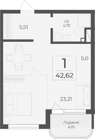 Планировка — Чайка, Студия, 38 м²