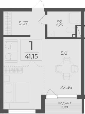 Планировка — Чайка, Студия, 38 м²