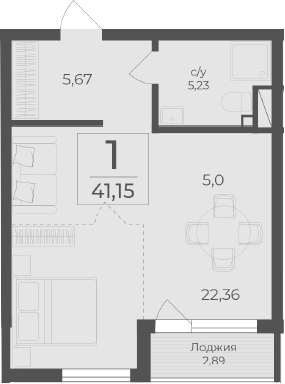 Планировка — Чайка, Студия, 38 м²
