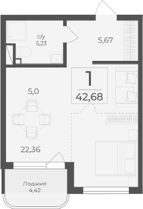 Планировка — Чайка, Студия, 38 м²