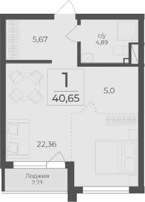 Планировка — Чайка, Студия, 38 м²