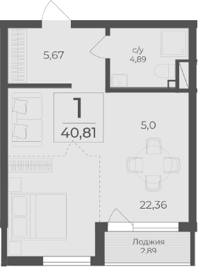 Планировка — Чайка, Студия, 38 м²