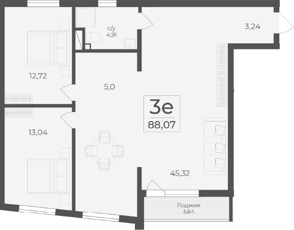Планировка — Чайка, 3-комн., 84 м²