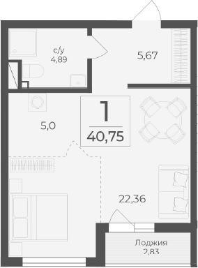 Планировка — Чайка, Студия, 38 м²