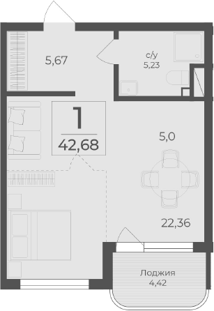 Планировка — Чайка, Студия, 38 м²