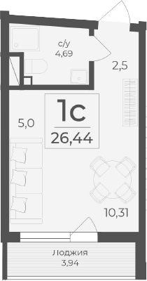 Планировка — Чайка, Студия, 23 м²