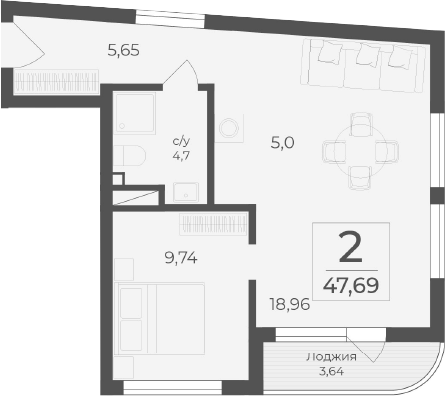 Планировка — Чайка, 1-комн., 44 м²