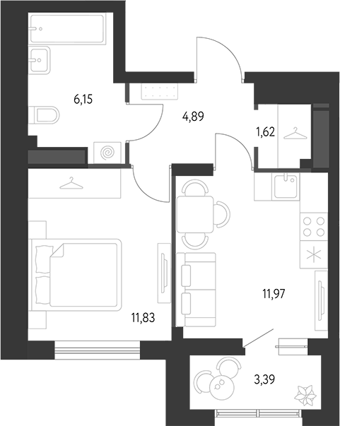 Планировка — Первый Академ, 1-комн., 37 м²