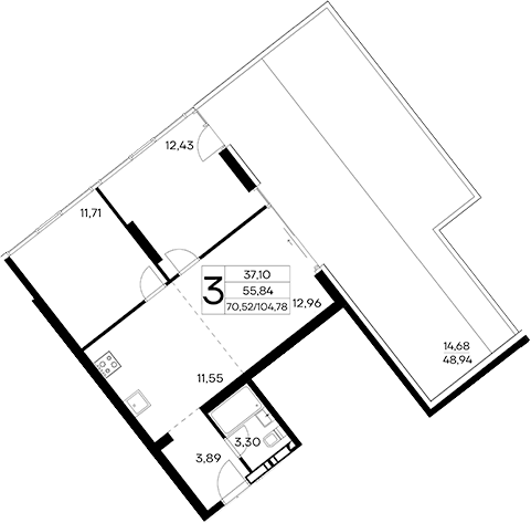 Планировка — Лучистое, 3-комн., 90 м²