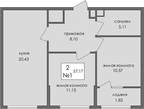 Планировка — Солнечный город, 2-комн., 55 м²