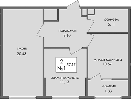 Планировка — Солнечный город, 2-комн., 55 м²