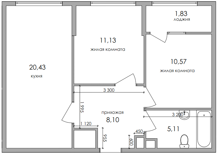 Планировка — Солнечный город, 2-комн., 55 м²