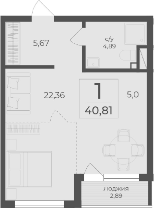 Планировка — Чайка, Студия, 38 м²