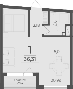 Планировка — Чайка, Студия, 33 м²