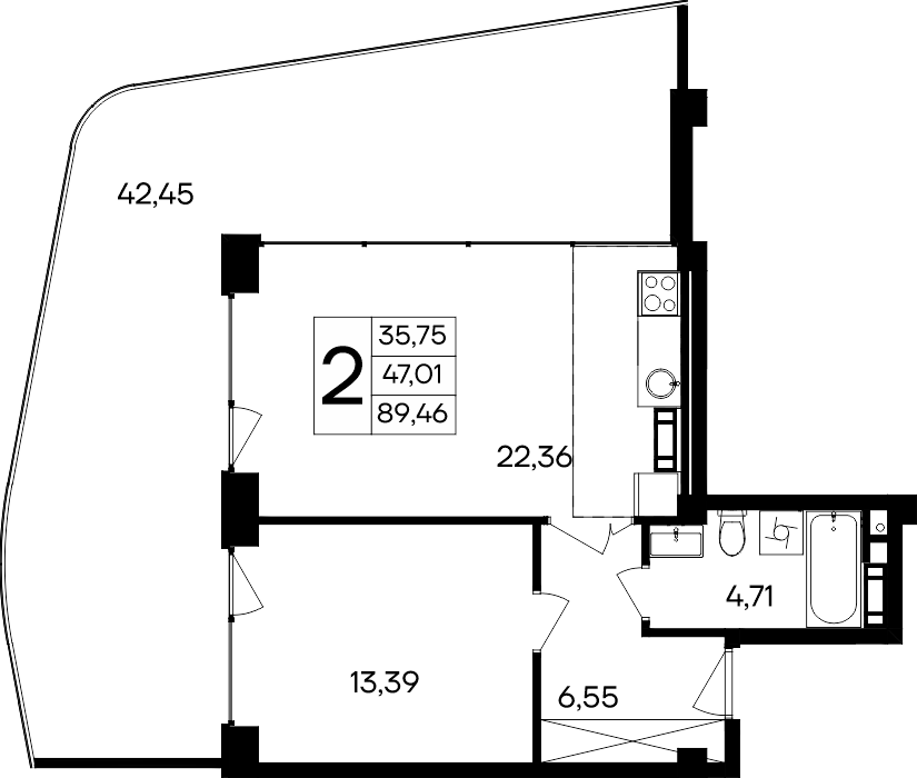 Планировка — Курортный кластер САГА, 1-комн., 47 м²