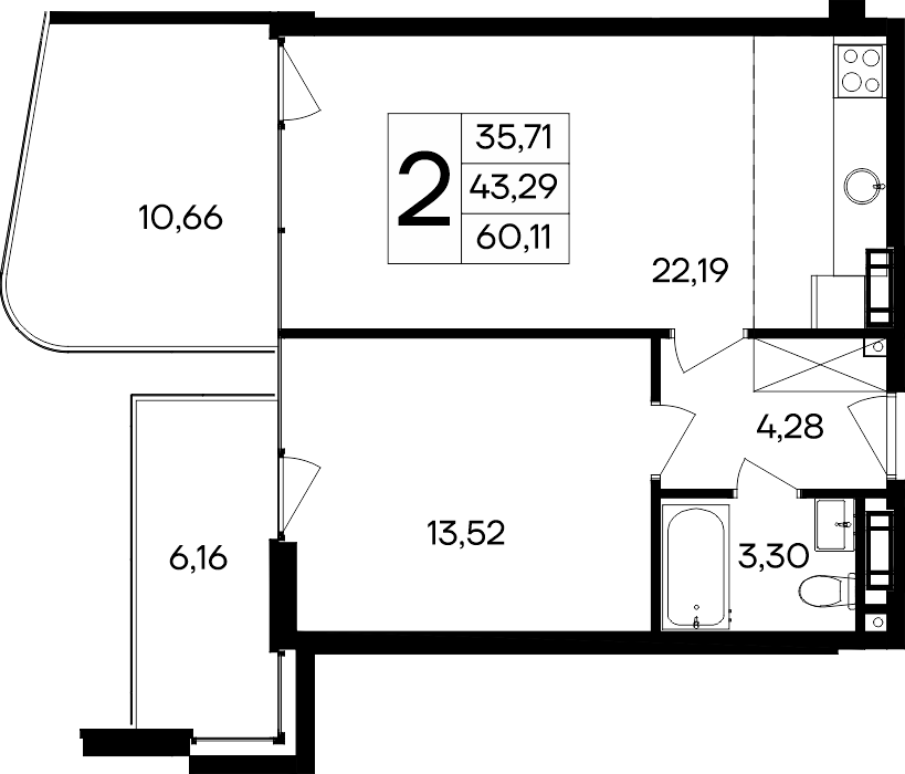 Планировка — Курортный кластер САГА, 1-комн., 43 м²