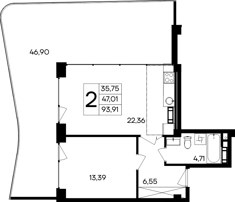 Планировка — Курортный кластер САГА, 1-комн., 47 м²