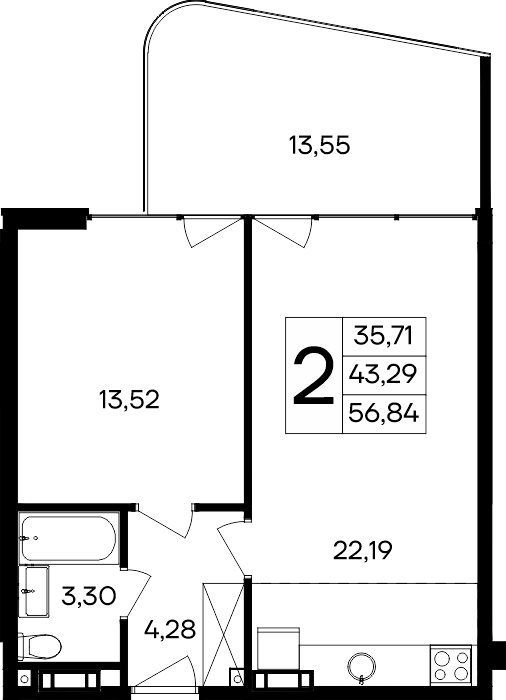 Планировка — Курортный кластер САГА, 1-комн., 43 м²