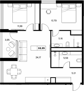 Планировка — Гостиничный комплекс Белые ночи, 2-комн., 65 м²
