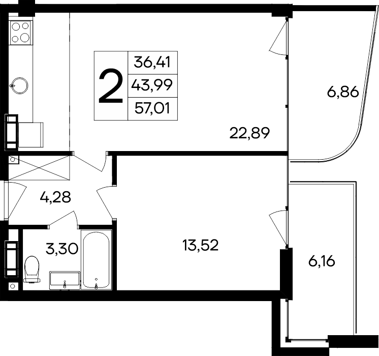 Планировка — Курортный кластер САГА, 1-комн., 44 м²