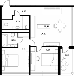 Планировка — Гостиничный комплекс Белые ночи, 2-комн., 65 м²
