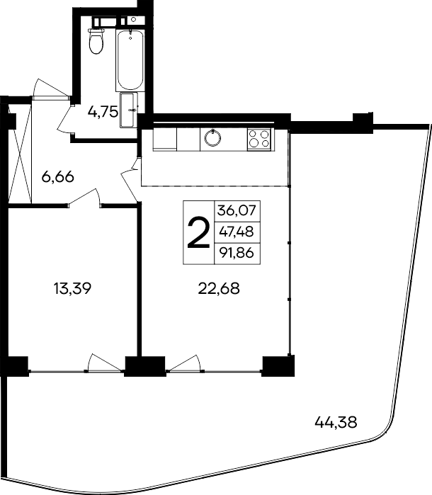 Планировка — Курортный кластер САГА, 1-комн., 47 м²