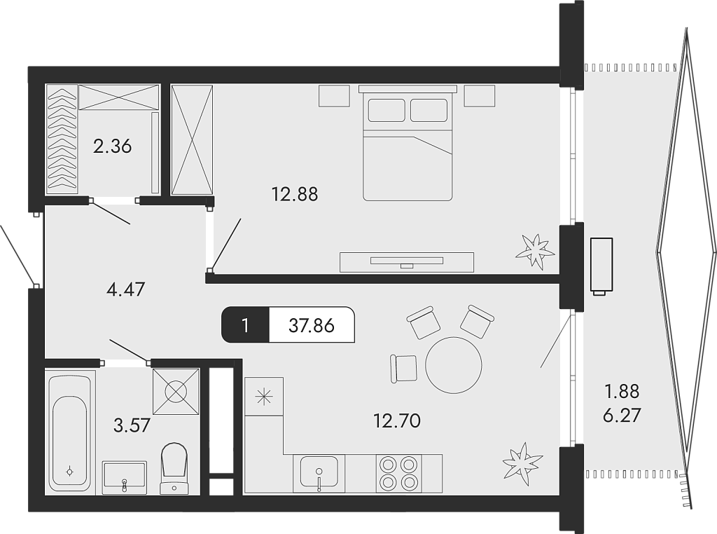 Планировка — Парковая Резиденция, 1-комн., 36 м²