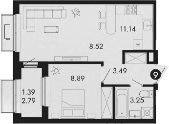 Планировка — Парковая Резиденция, 2-комн., 35 м²