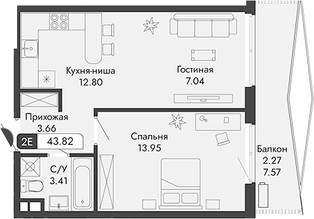 Планировка — Парковая Резиденция, 2-комн., 41 м²