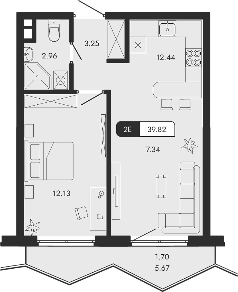 Планировка — Парковая Резиденция, 2-комн., 38 м²