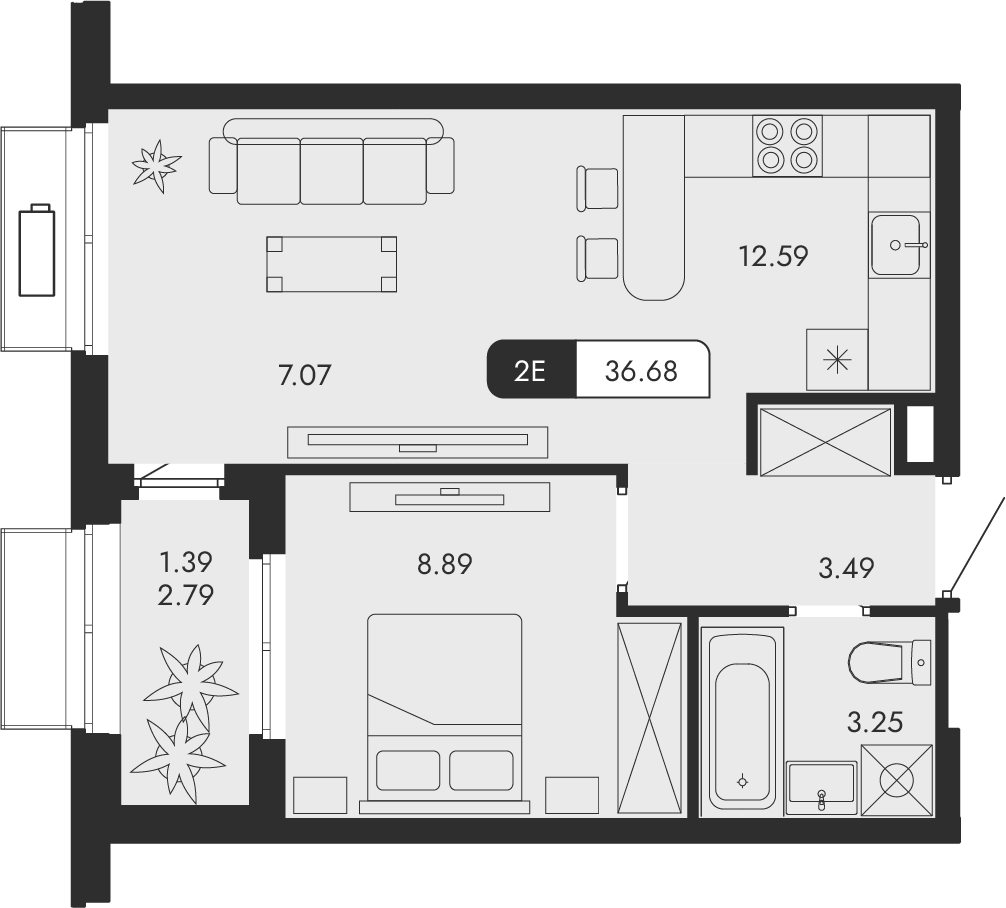 Планировка — Парковая Резиденция, 2-комн., 35 м²