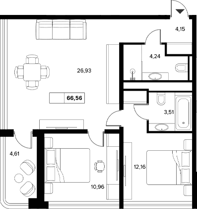 Планировка — Гостиничный комплекс Белые ночи, 2-комн., 62 м²