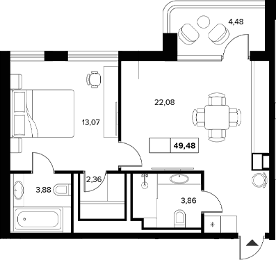 Планировка — Гостиничный комплекс Белые ночи, 1-комн., 45 м²