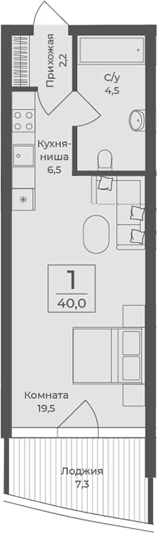 Планировка — Форос, Студия, 33 м²