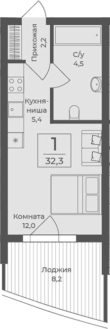 Планировка — Форос, Студия, 24 м²