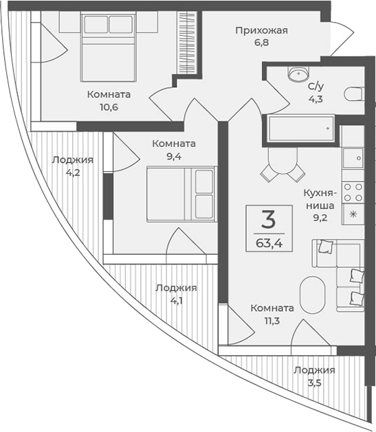Планировка — Форос, 3-комн., 52 м²