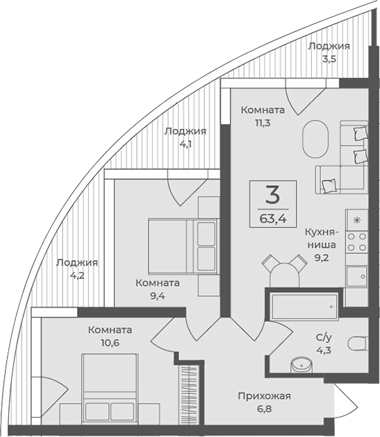 Планировка — Форос, 3-комн., 52 м²