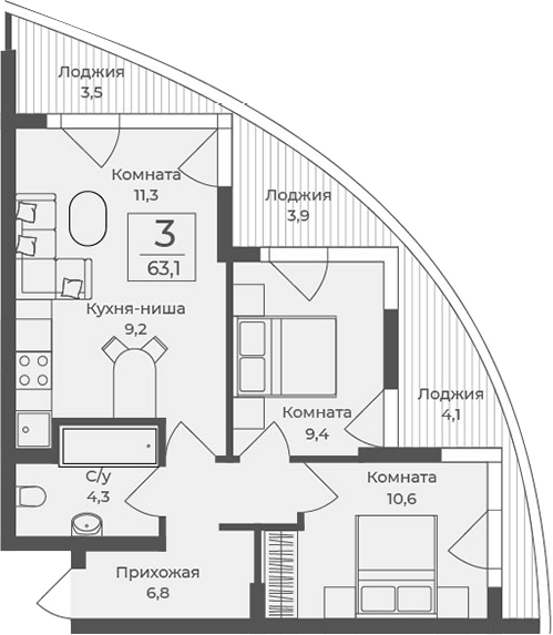 Планировка — Форос, 2-комн., 52 м²