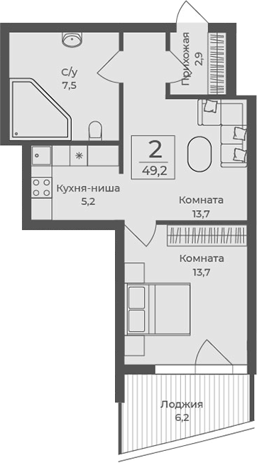 Планировка — Форос, 1-комн., 43 м²