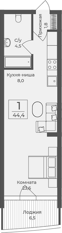 Планировка — Форос, Студия, 38 м²