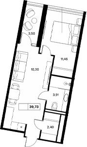 Планировка — Гостиничный комплекс Белые ночи, 1-комн., 36 м²