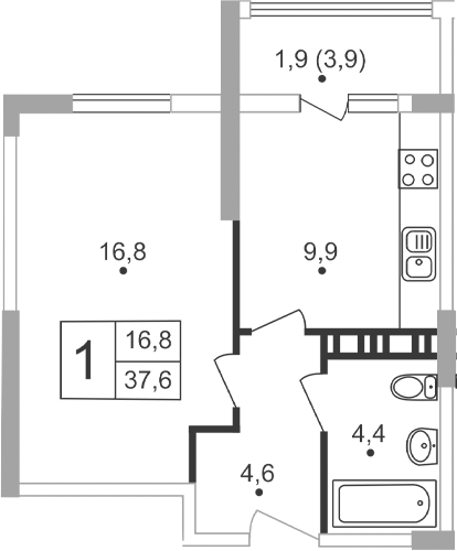 Планировка — Жигулина Роща, 2-комн., 36 м²