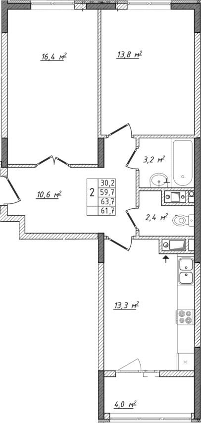 Планировка — Жигулина Роща, 2-комн., 60 м²